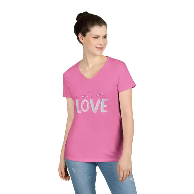 Women V Neck Love Tee in Pink Gray Salmon displayed on a neutral background