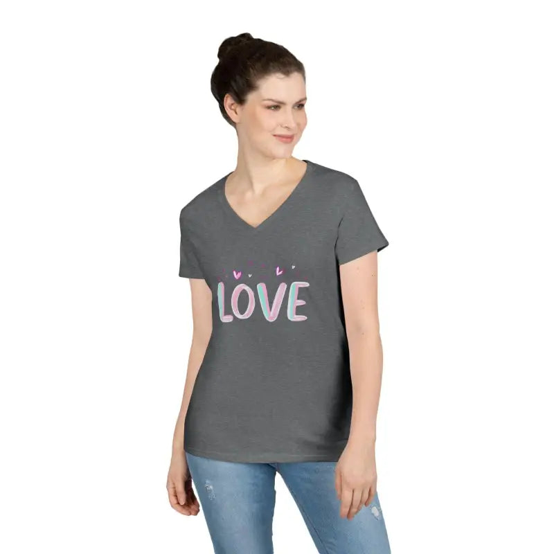 Gray v-neck t-shirt featuring love graphic from Women V Neck Love Tee collection
