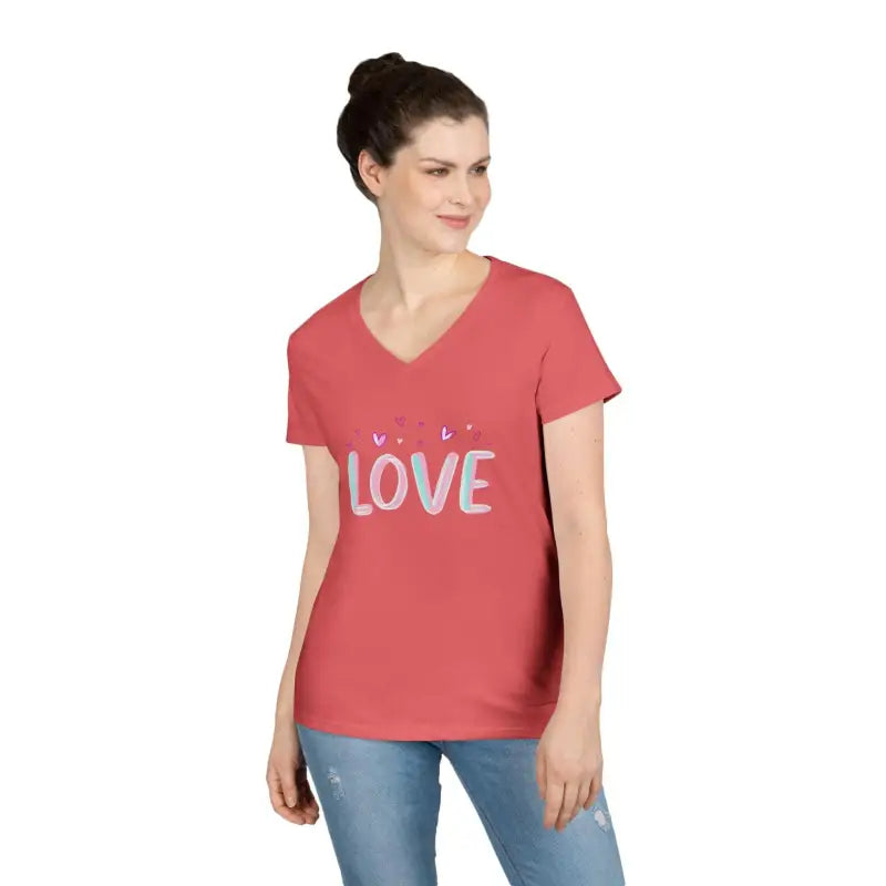 Woman’s Love graphic tee in pink gray salmon V-neck design for stylish casual wear