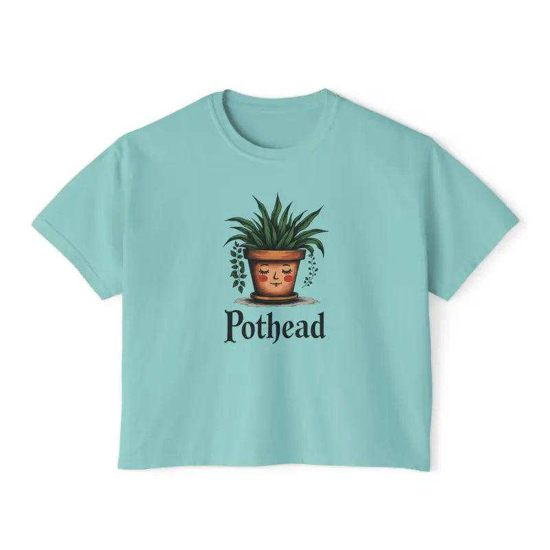 Light blue women’s boxy t-shirt featuring a cute planter graphic design