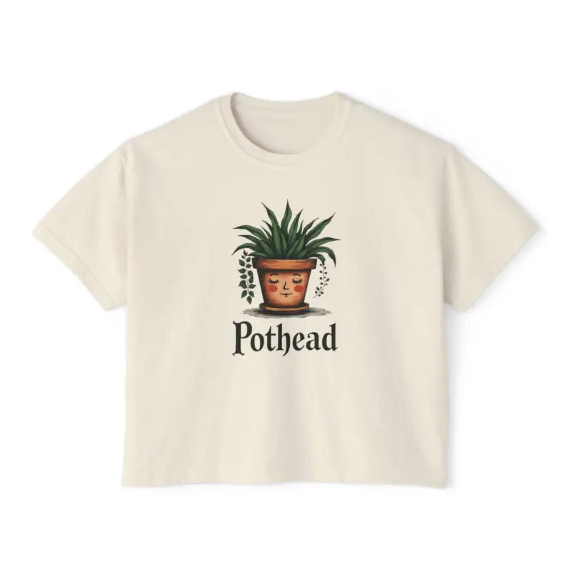 Beige crop top featuring a cute plant graphic on Women’s Boxy T Shirt