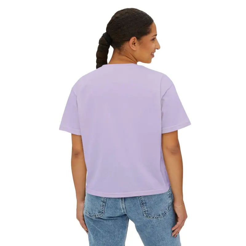 Lavender Women’s Boxy T Shirt with Cute Planter Graphic and blue jeans outfit