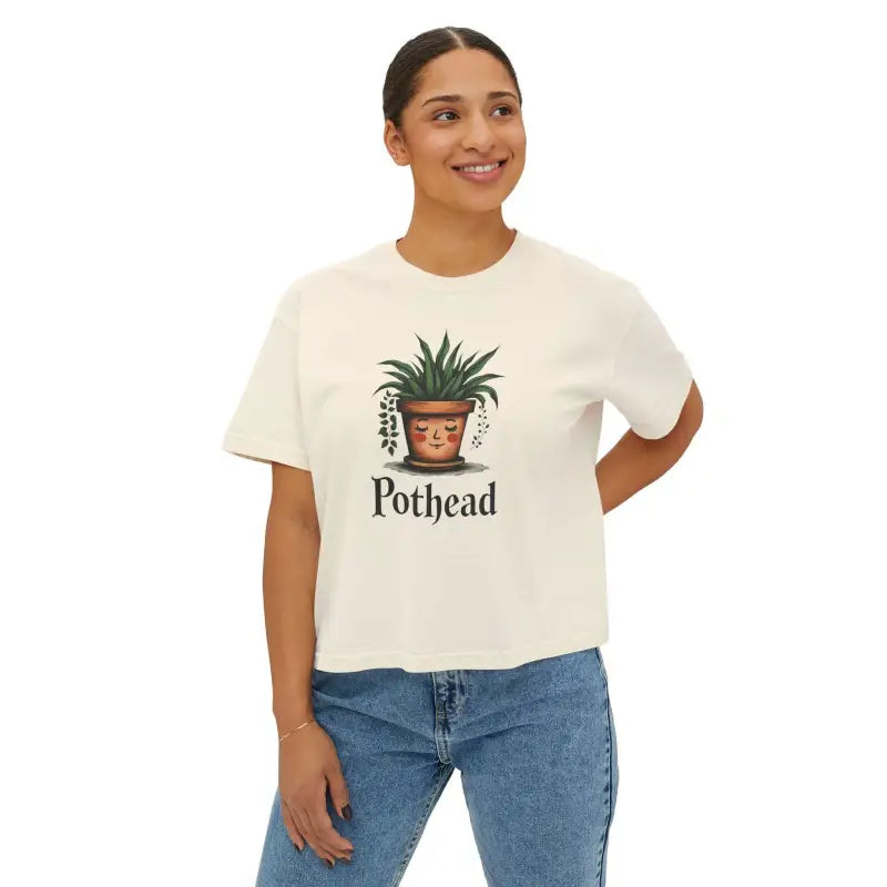 Woman modeling a Pothead t-shirt from the Women’s Boxy T Shirt collection