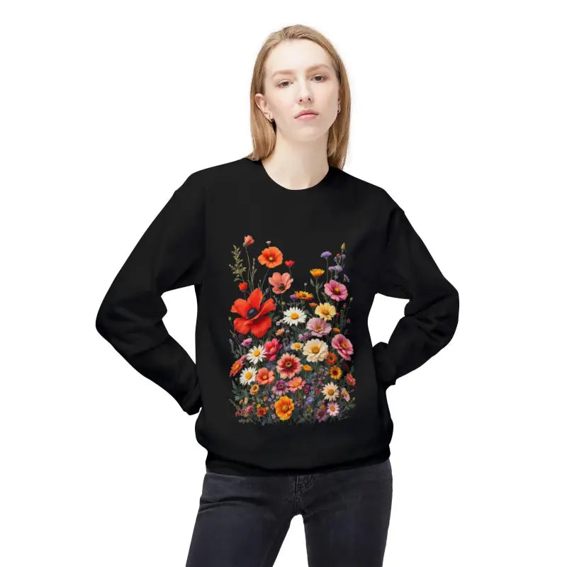 Black sweatshirt featuring a floral design from the Women’s Floral Sweatshirt collection