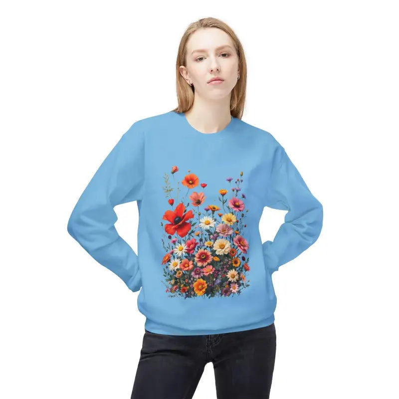 Light blue floral sweatshirt featuring a Women’s Floral Sweatshirt Softstyle Fleece Crewneck design