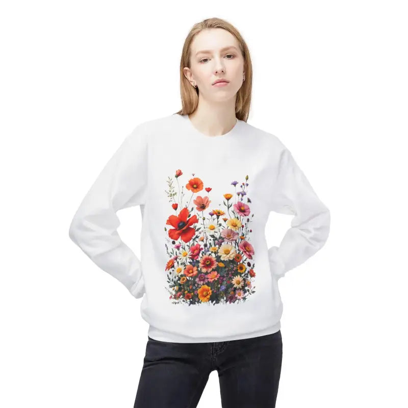 White Women’s Floral Sweatshirt Softstyle Fleece Crewneck with vibrant floral design