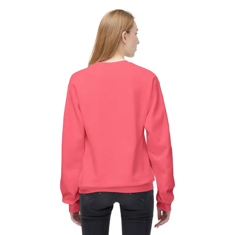Woman in a pink sweatshirt from the Women’s Floral Sweatshirt Softstyle Fleece Crewneck