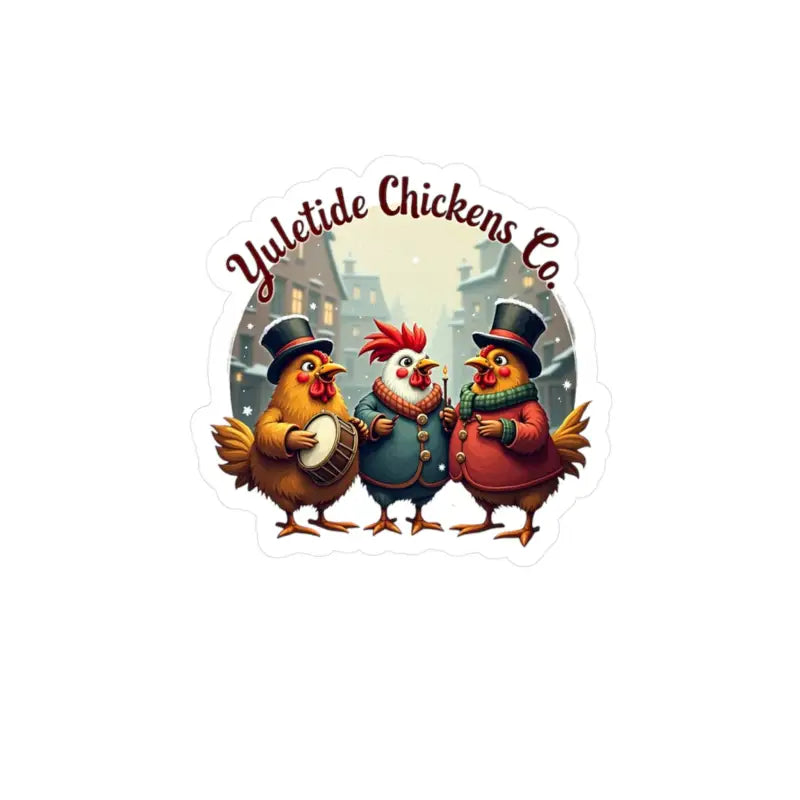 Festive cartoon chicken trio design for Yuletide Chickens Co Christmas vinyl decal