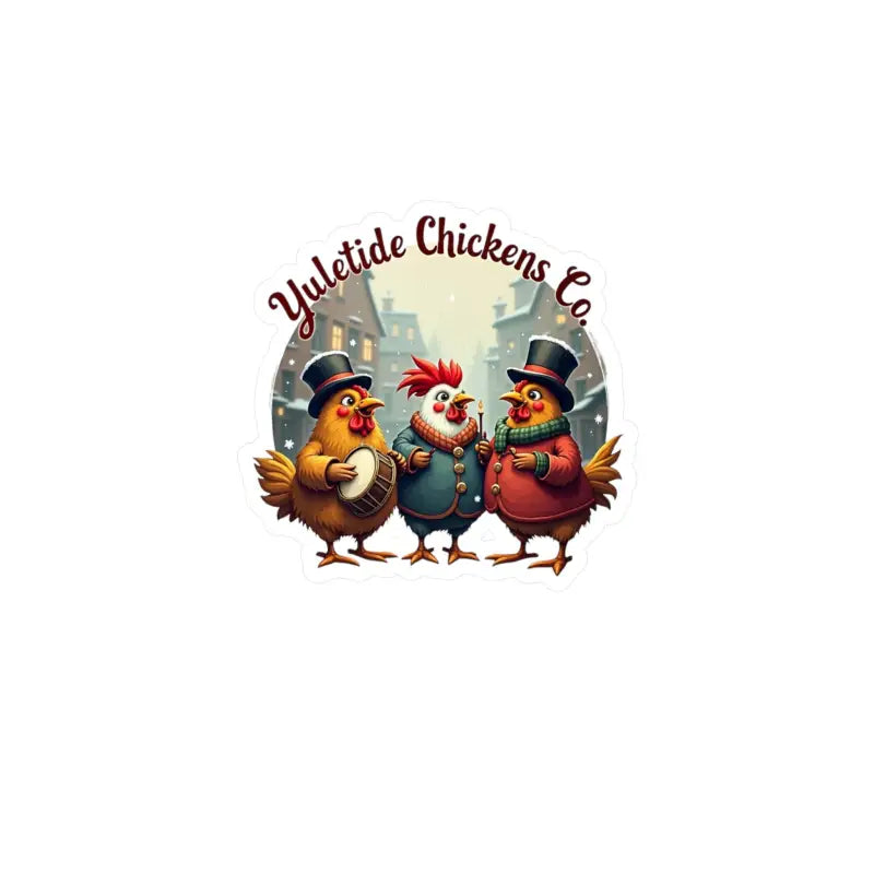 Cartoon chickens in winter attire for Yuletide Chickens Co Christmas vinyl decal