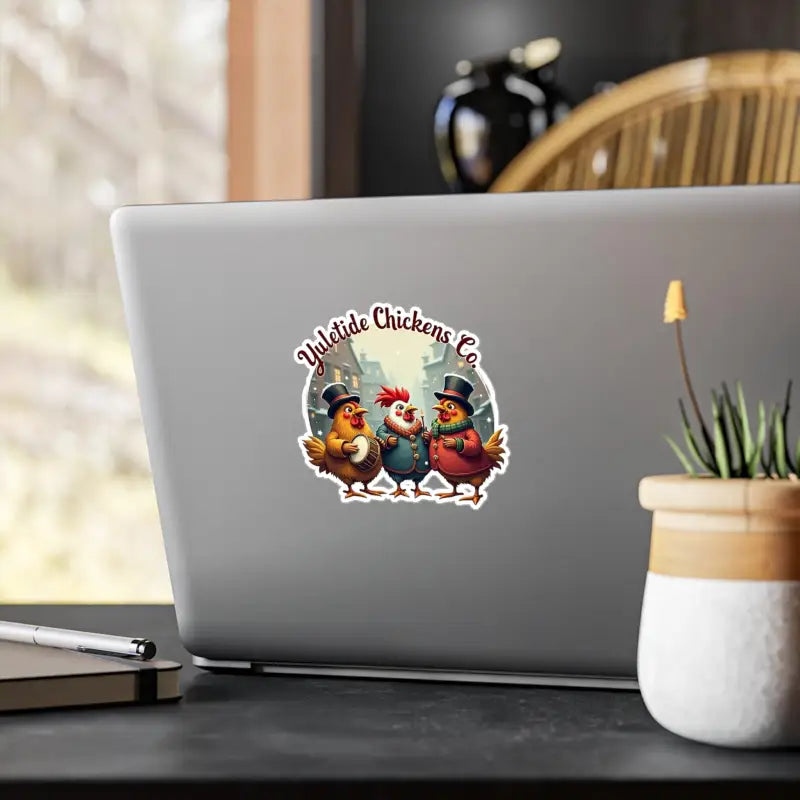 Festive chickens vinyl decal on a laptop, perfect for holiday decorations