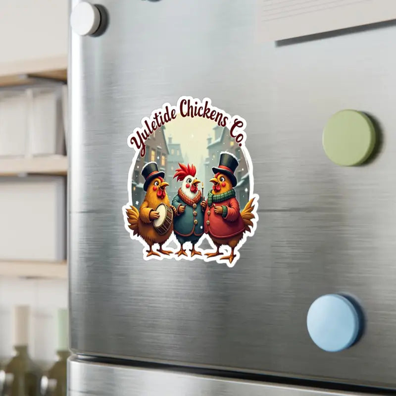 Festive chicken trio vinyl decal for cheerful Christmas holiday decor by Yuletide Chickens Co