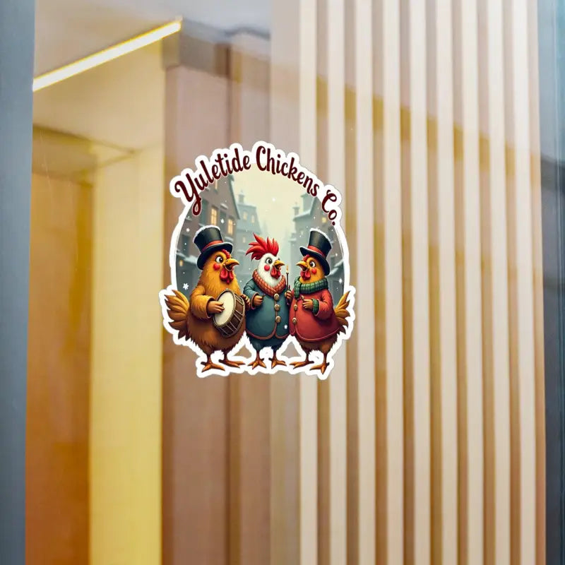 Yuletide Chickens Co sticker featured on festive chicken trio vinyl decal