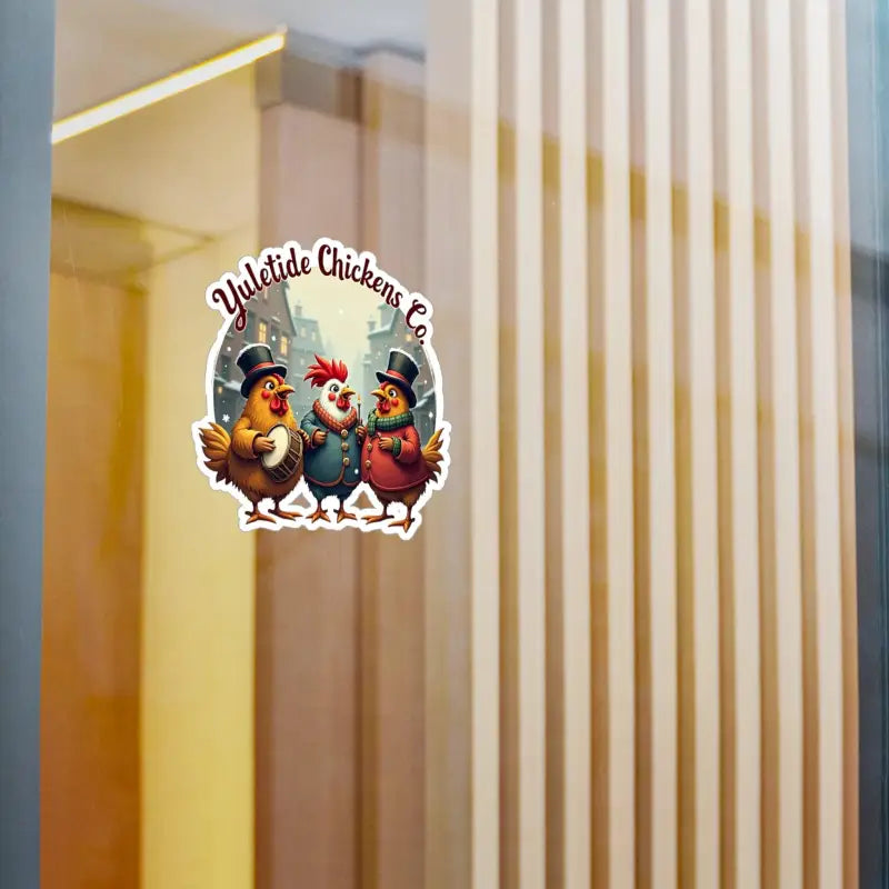 Yuletide Chickens Co sticker featured on a festive chicken trio vinyl decal