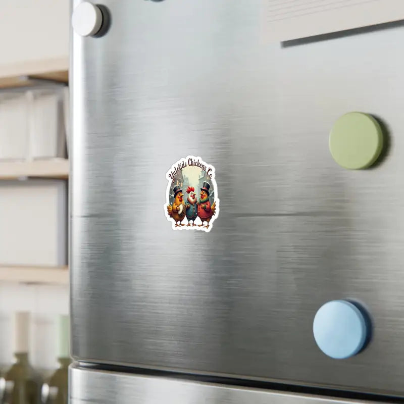 Refrigerator magnet featuring festive cartoon chickens from Yuletide Chickens Co