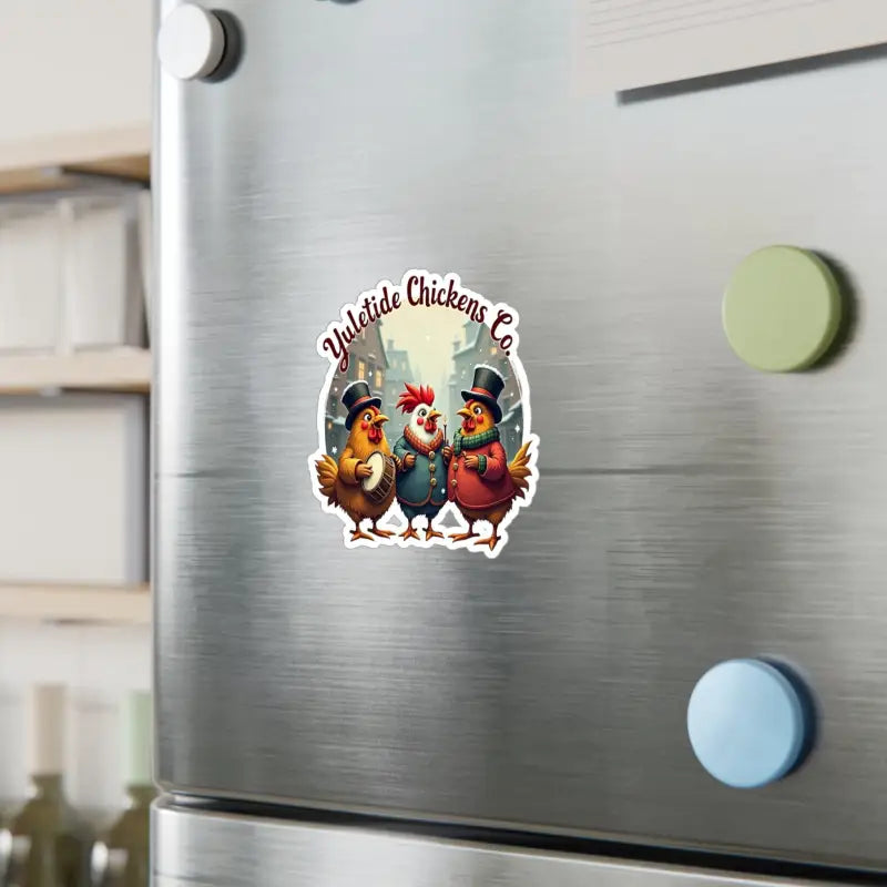 Yuletide Chickens Co sticker featured on festive chicken trio vinyl decal for Christmas