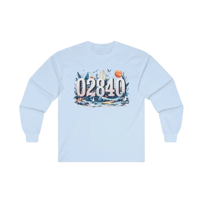 Light blue long-sleeved Coastal Vibes Tee featuring beach-themed graphic design