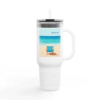 White travel mug featuring a beach scene in the 40oz Insulated Travel Mug Beach Life Design