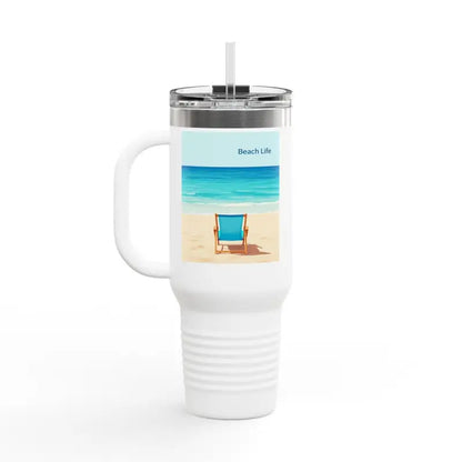 White travel mug featuring a vibrant beach scene from the 40oz Insulated Travel Mug Beach Life Design
