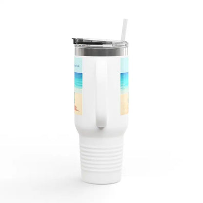 White handled tumbler with straw, part of the 40oz Insulated Travel Mug Beach Life Design