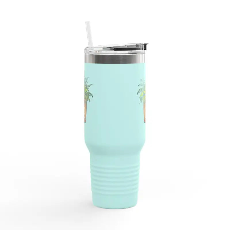 Light blue 40oz insulated travel tumbler with straw featuring Plant Mama design