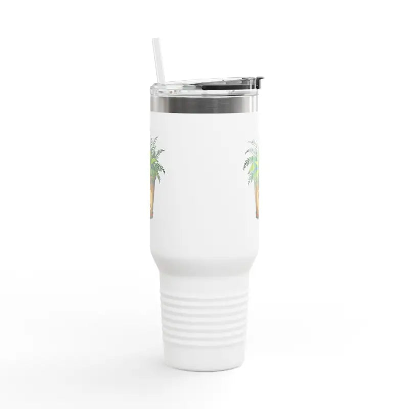 White insulated 40oz travel tumbler with straw featuring Plant Mama design