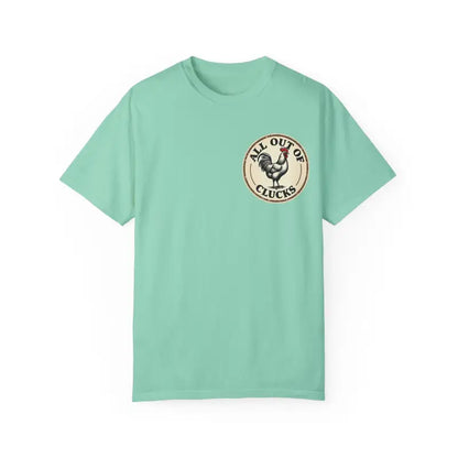 Mint green t-shirt featuring rooster graphic from All Out of Clucks Mens Casual T-shirt Collection