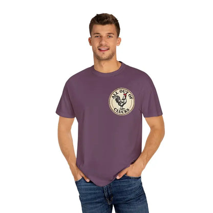 Purple t-shirt featuring a chicken graphic from All Out of Clucks Mens Casual Collection