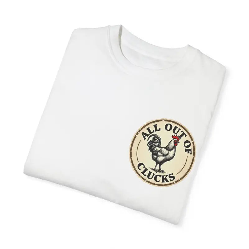 Folded white t-shirt featuring rooster graphic from All Out of Clucks Mens Casual Collection
