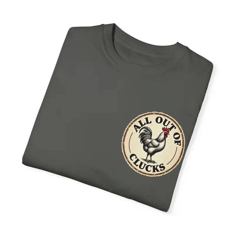 Gray t-shirt featuring a chicken graphic from the All Out of Clucks Mens Casual T-shirt Collection