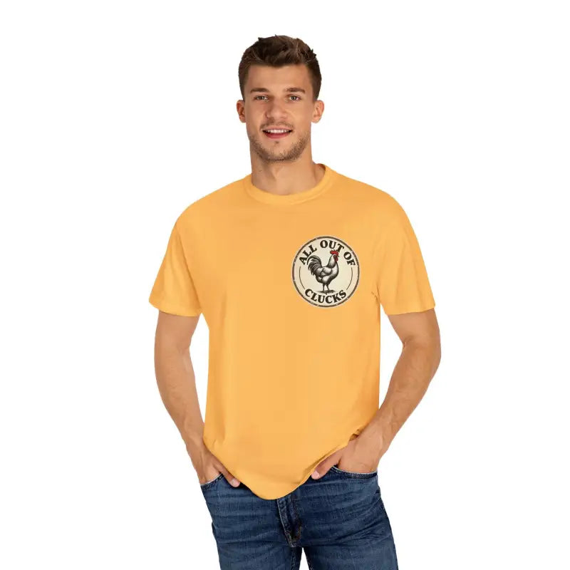 Man in yellow t-shirt from All Out of Clucks Men’s Casual T-shirt Collection
