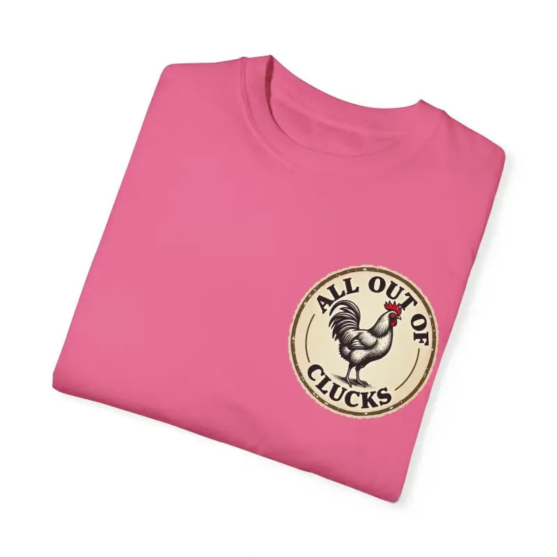 Pink t-shirt featuring a chicken graphic from All Out of Clucks Mens Casual T-shirt Collection