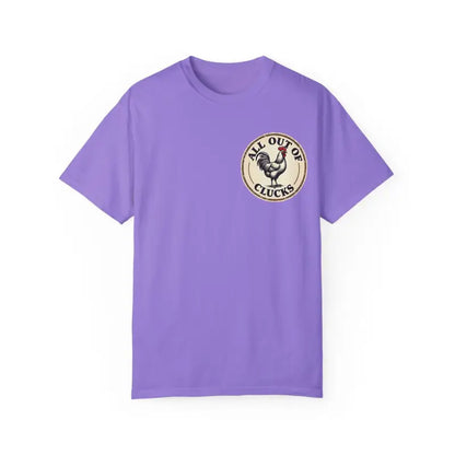 Purple t-shirt featuring a chicken graphic from the All Out of Clucks Mens Casual T-shirt Collection