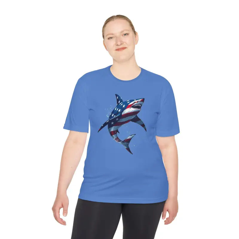 Blue t-shirt featuring American flag shark design for unisex moisture wicking apparel