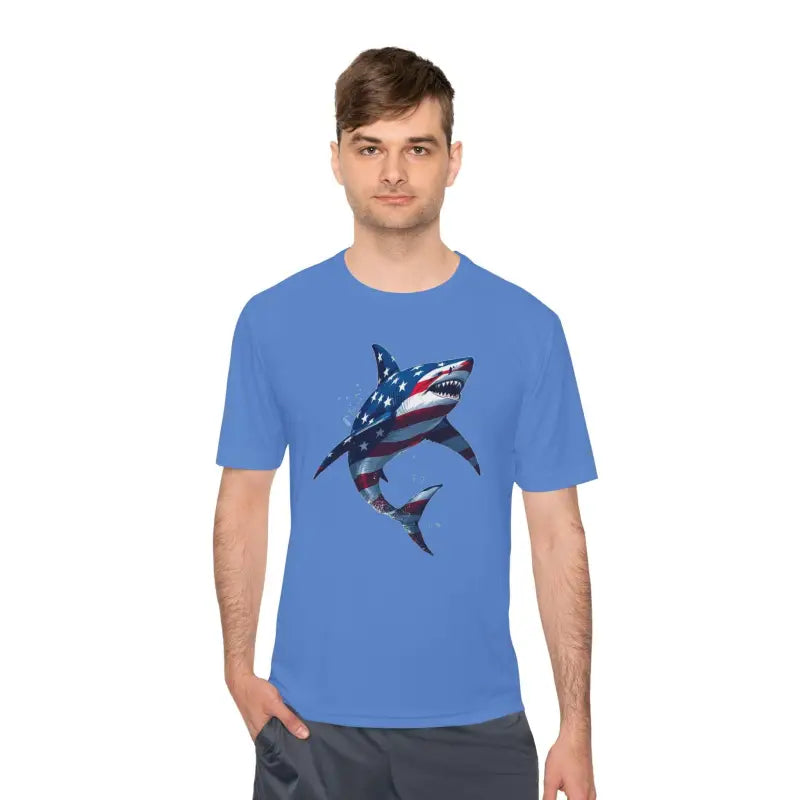 Blue American Flag Shark Graphic Unisex Moisture Wicking T-Shirt for men and women