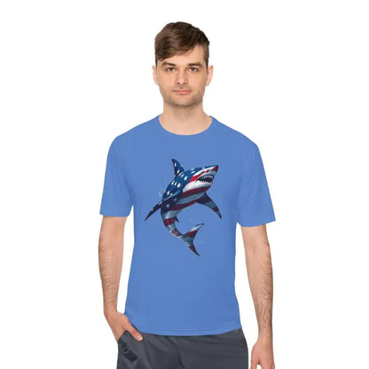 Blue American Flag Shark Graphic Unisex Moisture Wicking T-Shirt for men and women