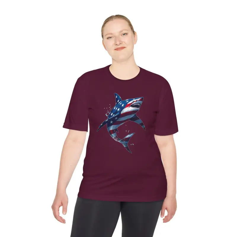 Burgundy moisture-wicking unisex t-shirt featuring a shark graphic and American flag design