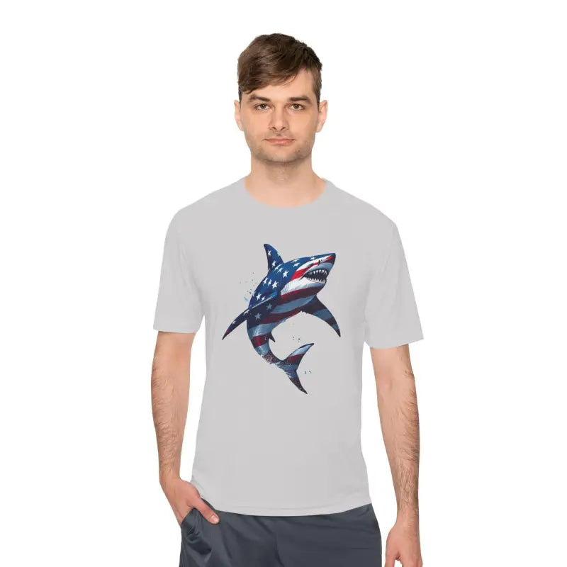 Gray American Flag Shark Graphic Unisex Moisture Wicking T-Shirt for outdoor enthusiasts