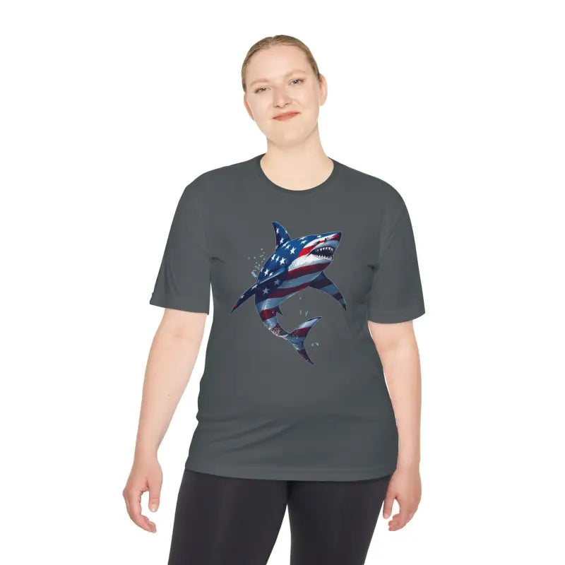 Gray moisture-wicking unisex t-shirt featuring American flag shark graphic design