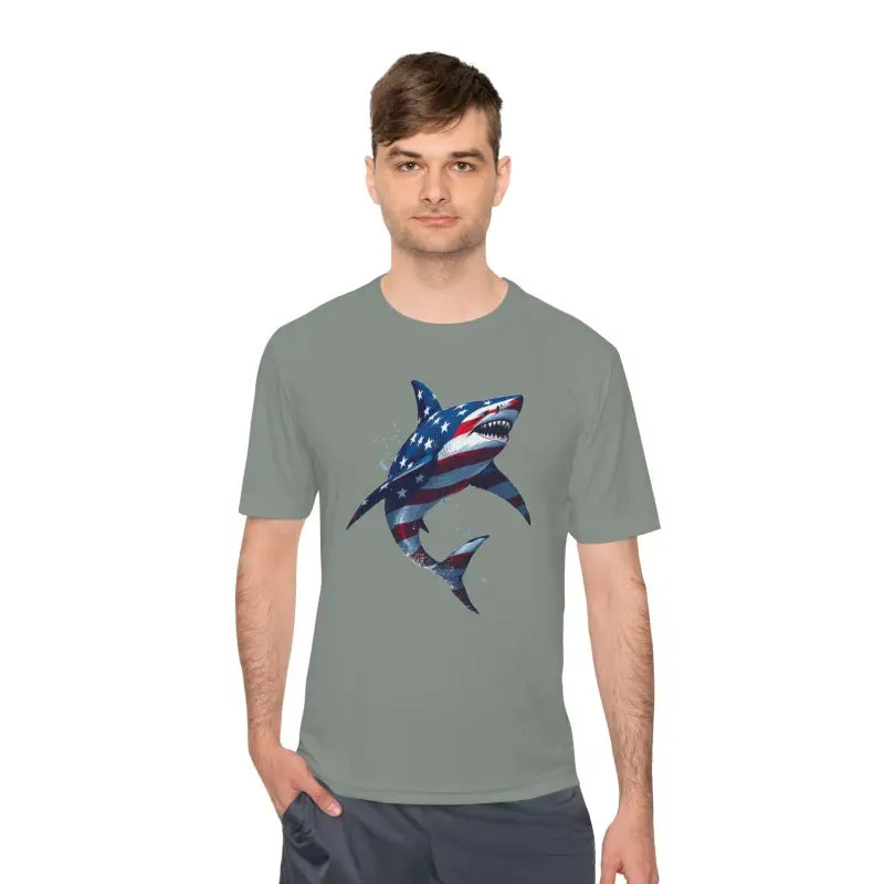 Gray American Flag Shark Graphic Unisex Moisture Wicking T-Shirt for casual wear