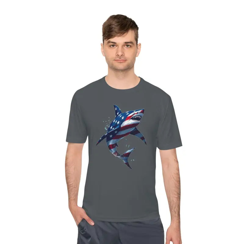 Gray American flag shark graphic on a unisex moisture-wicking t-shirt