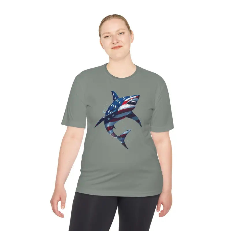 Gray American Flag Shark Graphic Unisex Moisture Wicking T-Shirt for patriotic style