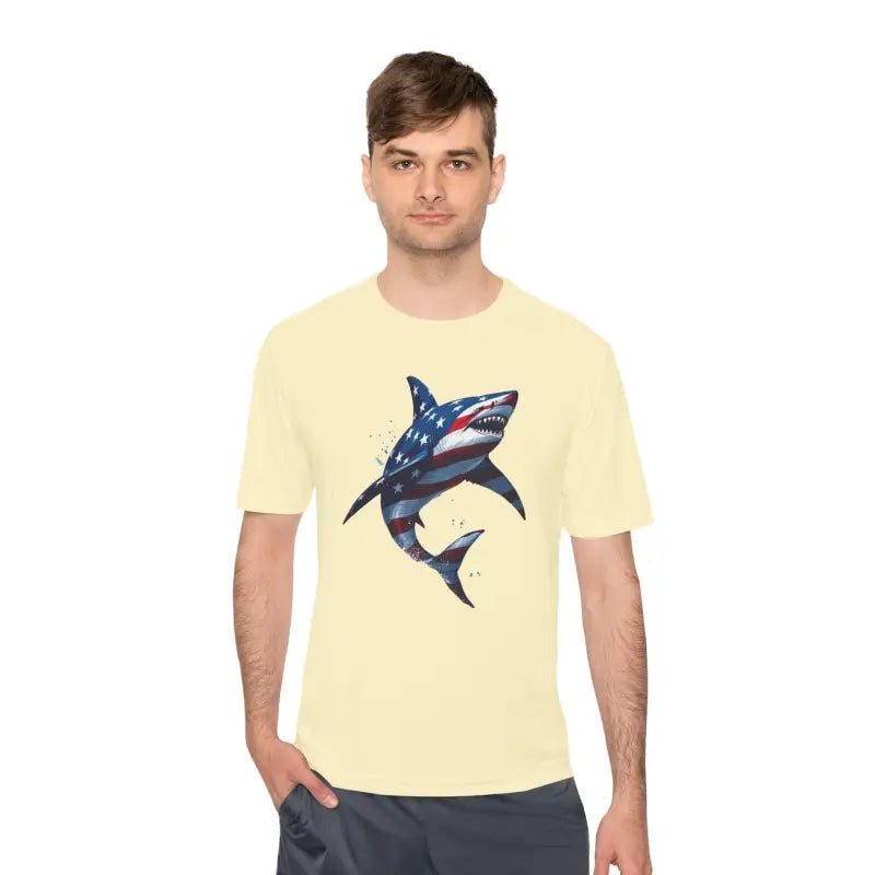 Man modeling American Flag Shark Graphic Unisex Moisture Wicking T-Shirt