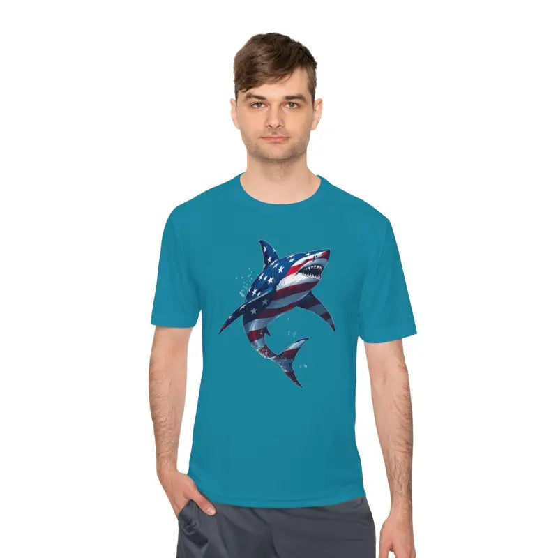 Teal t-shirt with shark design from American Flag Shark Graphic collection for men