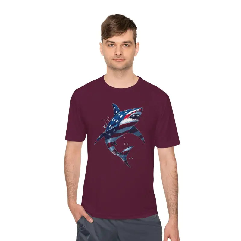 Maroon American Flag Shark Graphic Unisex Moisture Wicking T-Shirt for stylish comfort