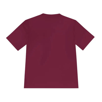Maroon t-shirt featuring American Flag Shark graphic, unisex moisture-wicking fabric