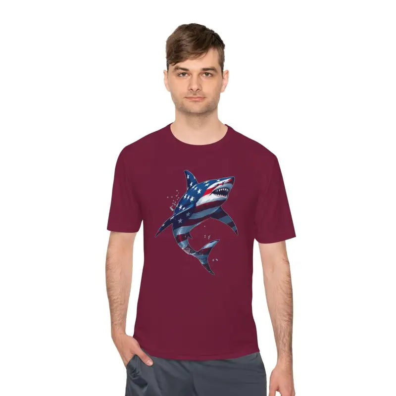Maroon t-shirt featuring American flag shark design for American Flag Shark Graphic T-Shirt