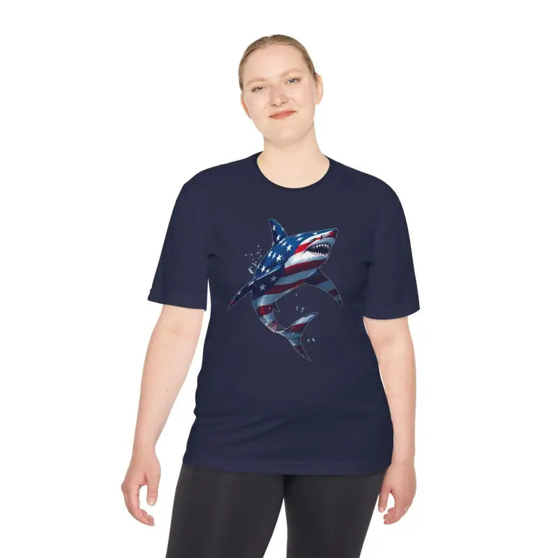Navy t-shirt featuring American flag shark design for unisex moisture wicking wear