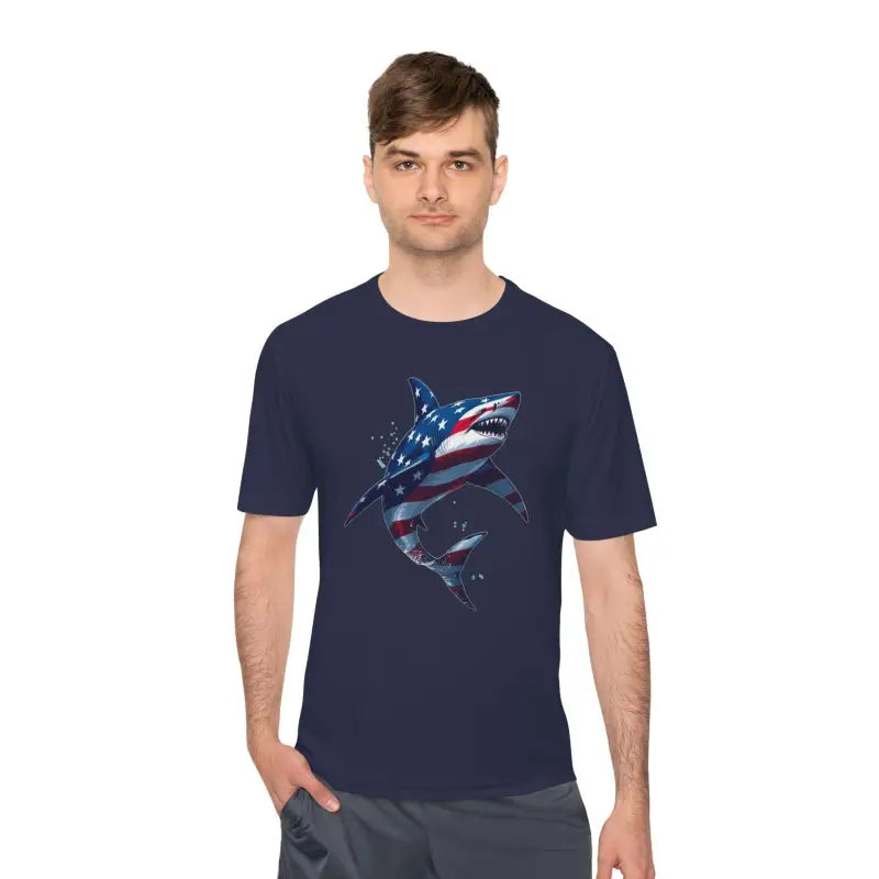 Navy blue t-shirt featuring American flag shark design for unisex wear