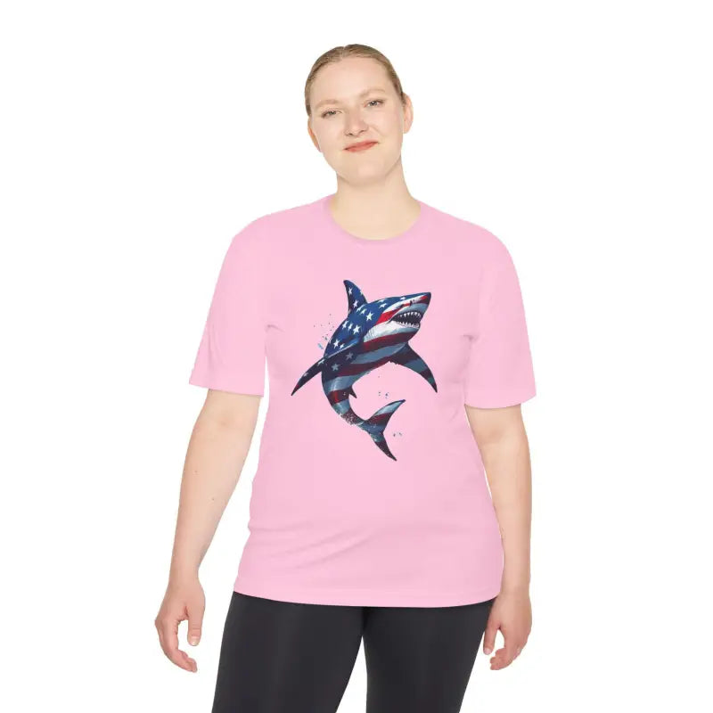 Pink American Flag Shark Graphic Unisex Moisture Wicking T-Shirt with a unique design