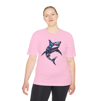 Pink American Flag Shark Graphic Unisex Moisture Wicking T-Shirt with a unique design